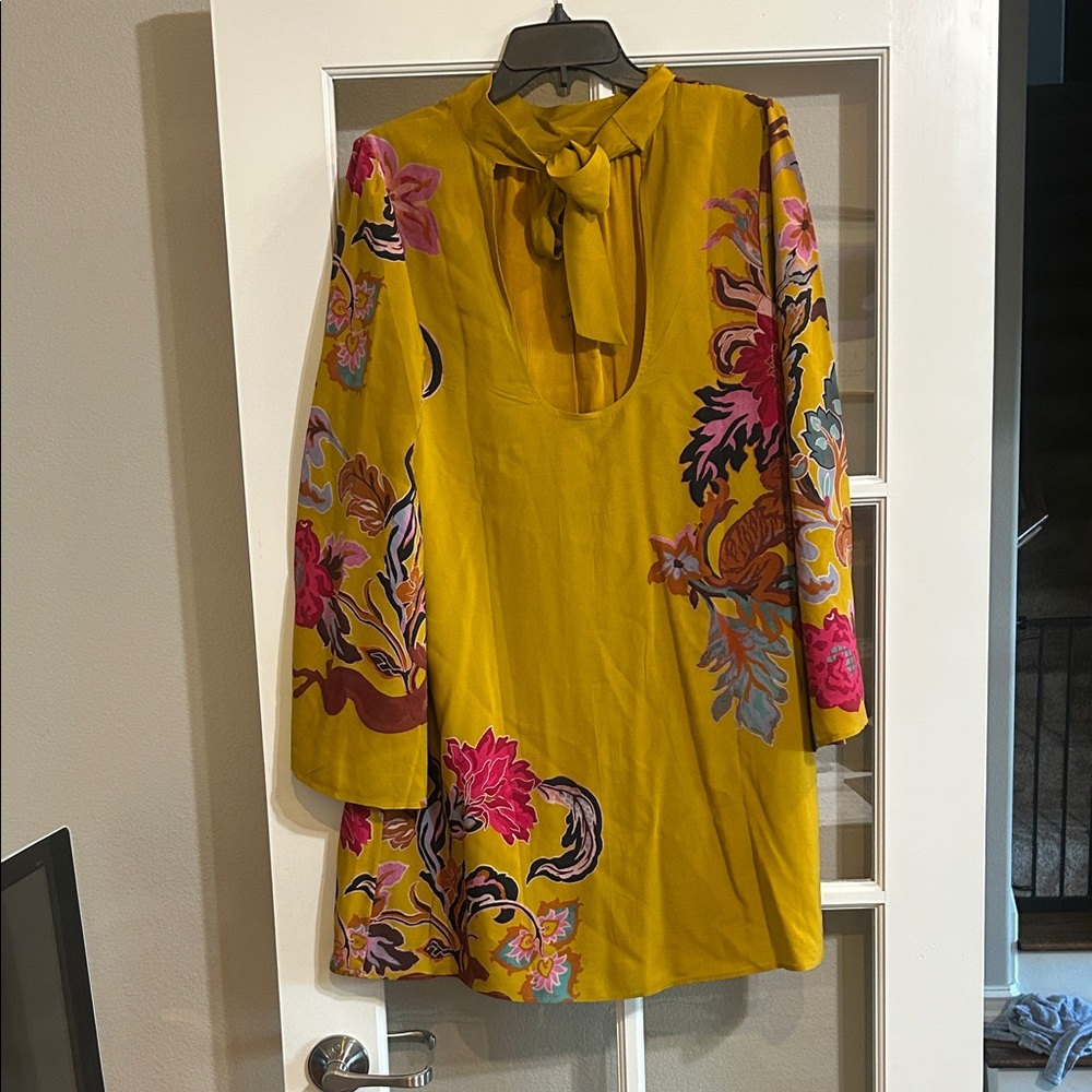 Anthropologie Mustard Floral Tie-Neck Mini Dress with Pink & Blue Accents